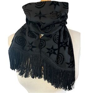 Zoe Black Velvet Scarf with Burnout Star and Spiral Patterns and fringe